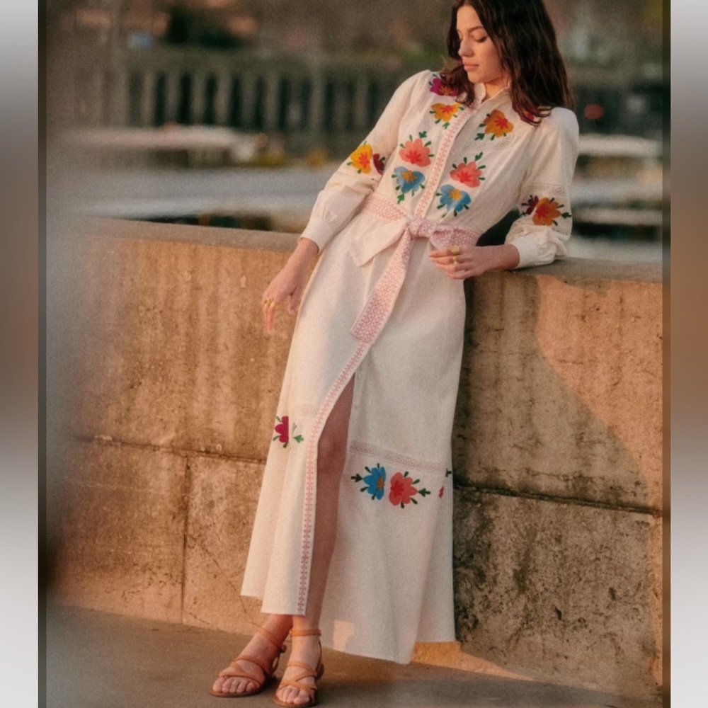 🌺Sezane GEORGIA DRESS Embroidered Floral Ecru